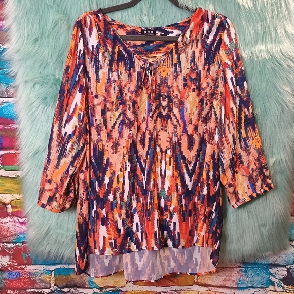 A.N.A Orange Blue and White Multi Color V-Neck Front Tie Long Sleeve Top Size L - Picture 8 of 9